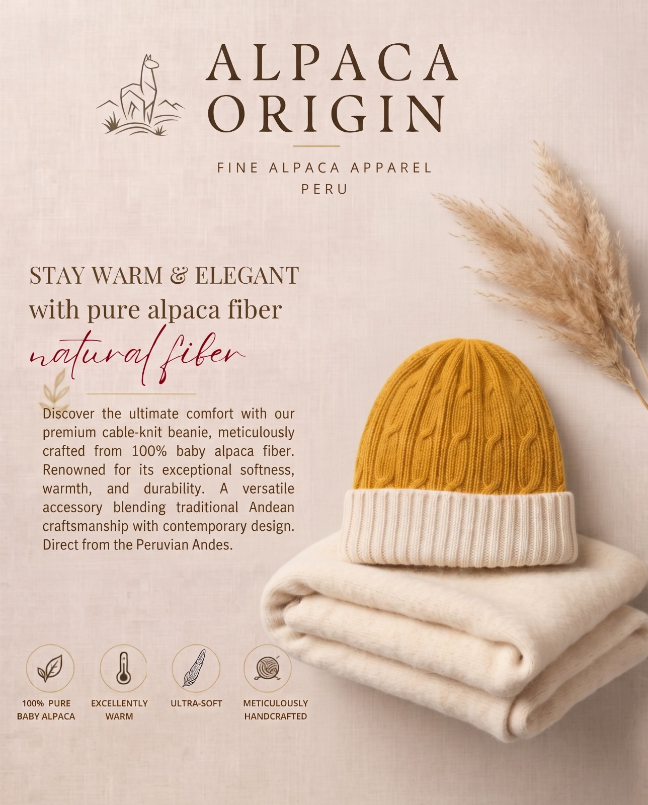 Premium Handcrafted Alpaca Yellow Beanie - Image 2
